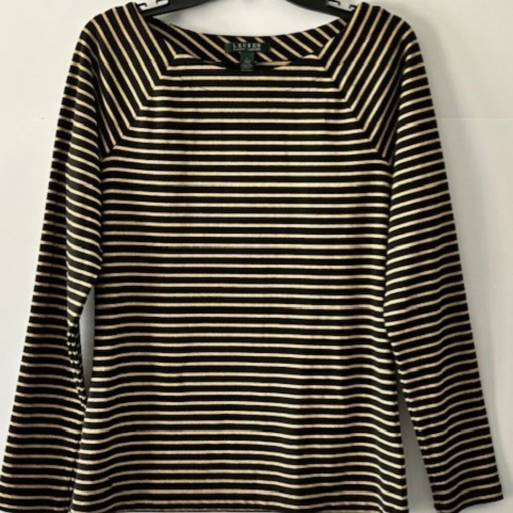 Lauren Ralph L Black Gold Striped Metallic Long Sleeve Holiday Sparkle Preppy
